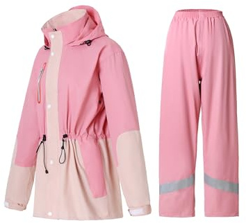 RAINFREEM Rain Suit for Women, Waterproof Rain Jacket & Trouser with Reflective Srtip, Rain Gear for All-Sport Anti-storm, Pink, Medium