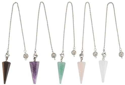 GOMAKERER 5pcs pendule en Cristal pour la Divination 5 pendule de Radiesthésie en Pierre Précieuse Naturelle avec Pointe Ronde en Pierre Accessoires Sorcellerie Wiccan pour Méditation et Yoga 23.2cm