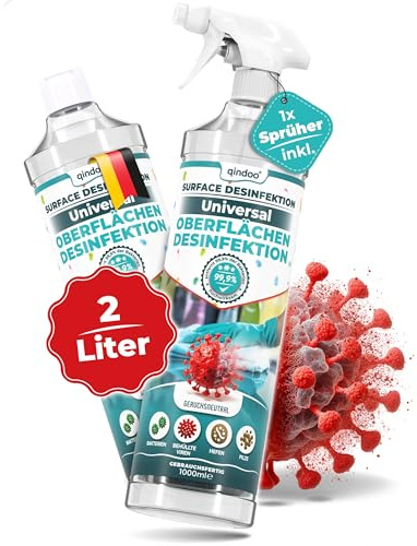 Qindoo Desinfektionsmittel Universal 2L Schnelldesinfektion Desinfektionsspray für empfindliche Flächen Acryl, Kunstleder, Gummi, Silikon, Polycarbonat und Soft-Touch