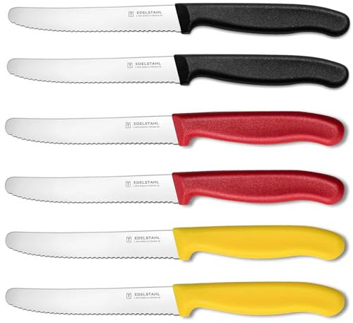 targzier Tafelmesser 6 Stück Dreifarbig,Extra Scharfe Klinge Bunt Messer,Tomatenmesser mit Wellenschliff,11 cm,Rostfreier Stahl Frühstücksmesser,Kunststoffgriff,Spülmaschinenfest(Schwarz,Rot,Gelb)