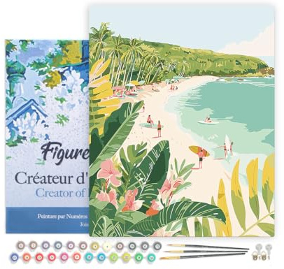 Figured'Art Peinture par Numéro Adulte avec Cadre Paradis du surf - Activité Manuelle Kit de Loisir Créatif DIY Numéro d'Art Complet - 40x50cm toile tendue sur châssis