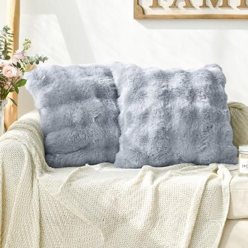 Artoid Mode Grau Super Weich Künstliche Pelz Blasen Puffy Kissenbezüge 2er Set, 50x50 cm Flauschig Plüsch Samt Zierkissenbezug Sofa Schlafzimmer Deko