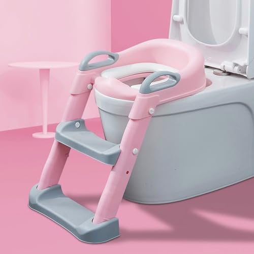 Amazing Tour Potty Training Toddler Toilet Seat Kids Chair - 2 in 1 Foldable Baby Potty Infant Kids Toilet Chair Portable Training Seat with No-Slip Ladder Step Stool for 6 Months to 7 Years Old