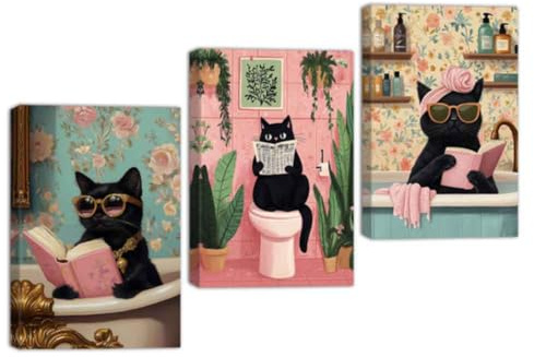 ZQQART 3 Pcs Cat Bathroom Canvas Wall Art Black Cat Sitting on Toilet Reading Picture Prints Animals Green Plants Painting Washroom Wall Decor Framed(Black,40x60cmx3 Pieces)