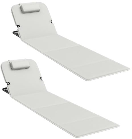 Strandmatte Klappbar mit 5 Verstellbarer Rückenlehne, 165 X 55cm Strandliege mit Kopfstütze und Aufbewahrungstasche for Urlaub Camping, Garten, Pool (Grau, 2pcs)