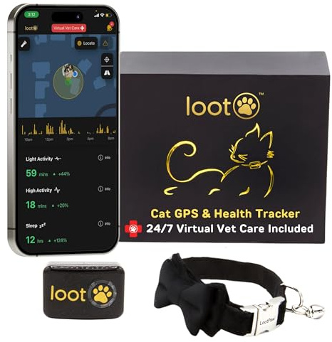 LootPaw Cat Tracker Halsband - Echtzeit-GPS-Tracker für Katzen - Leicht und Wasserdicht - 24/7 Tierarztpflege inklusive - Aktivitätsüberwachung - Passend für die meisten Halsbänder & Geschirre