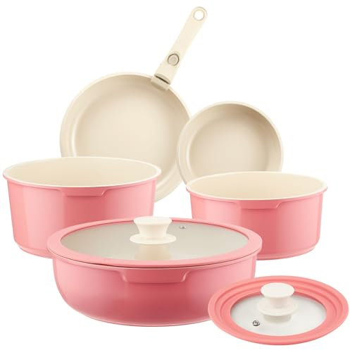Juego de ollas y sartenes de cerámica antiadherentes, color rosa, juego de 8 piezas de utensilios de cocina antiadherentes con mango desmontable, juego de utensilios de cocina antiadherentes, sin PFAS