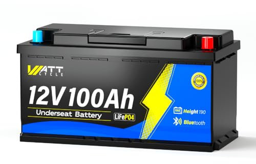 WattCycle 12V 100Ah H190 LiFePO4 Lithium Batterie mit Bluetooth Smart 100A BMS, Untertemperaturschutz, max. 15.000 Zyklen, 20,48 kWh, 188 mm Einbauhöhe unter dem Sitz für Wohnmobile