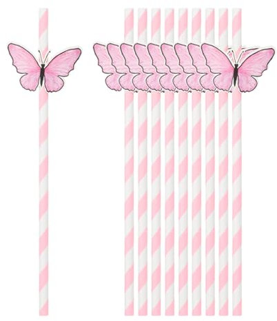 sourcing map 60Pcs Butterfly Stripe Paper Straws, Drinking Straws Cake Decorations for Wedding Birthday Party Supplies, Pink