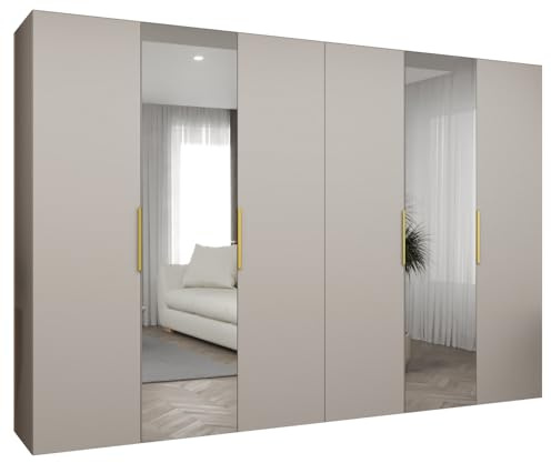 MEBLE KRYSPOL - Kleiderschrank mit Spiegel - Drehtürenschrank - Schrank 300x202x52cm - Garderobenschrank Schlafzimmer, Flur, Jugendzimmer - Farbe Kaschmir, Griff Gold - Marbella 2 300