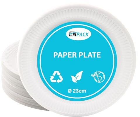 Enpack 300 Stück Einweg Teller aus Papier 23cm - Einwegteller in weiß - Pappteller Geburtstag - Einweggeschirr umweltfreundlich & nachhaltig - Einmal Teller für Partys - bio plates
