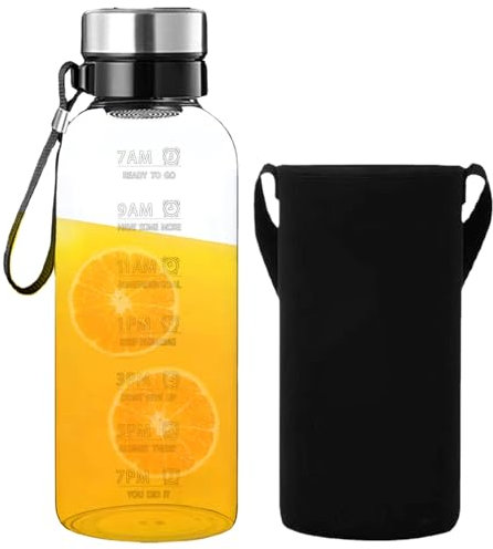 Lamppdcor Botella de Agua 2 litros con Marcador de Tiempo, Vidrio de borosilicato Transparente, Fugas a Prueba de Fugas con Manga de cordón y Filtro extraíble