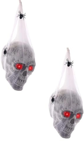 FSLLWGWG Halloween hängende Totenköpfe Kopf bedeckt mit Spinnennetzen und Augen, Halloween hängende Party Dekorationen, Outdoor Rasen Dekoration, Halloweens Wandbehang Dekor (2)