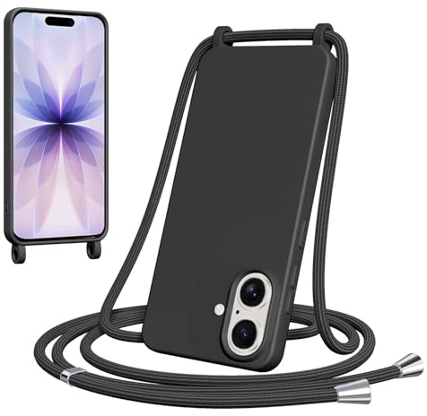 Yxnvixn Crossbody Lanyard Case for iPhone 17, Liquid Silicone Shockproof Protective Mobile Phone Cover with Strap Adjustable Neck Cord Necklace TPU Soft Shell for iPhone 17， Black