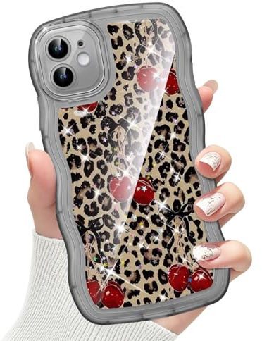 CASBST Compatible with iPhone 12 Case for Women, Cute Curly Wave Frame with Bling Glitter Butterfly Pattern, Full Camera Protection, Slim TPU Aesthetic Clear Phone Case for iPhone 12, Leopard Cherry