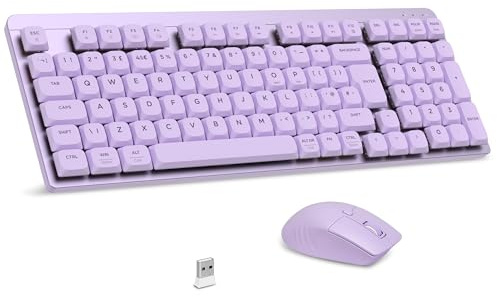 LeadsaiL Wireless Keyboard and Mouse Set, 2.4Ghz Wireless, UK Layout, Low-Profile Red Switch, 98-Key Compact Slim Mechanical Keyboard and Silent Mouse for Windows/MacOS PC Laptop - Lavander