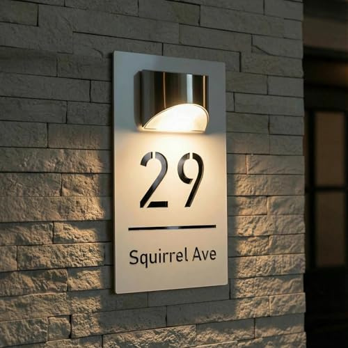 Plaque Numéro de Maison Extérieure Personnalisée Imperméable - Acrylique LED Solaire, 6 Polices - Pour Porte/Mur (4 Tailles au Choix : 15x25cm, 15x29cm, 18x32cm, 22x35cm)(Blanc-Noir)