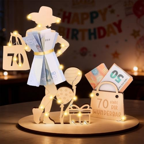 Anruzon Geldgeschenke Geburtstag 70 Geburtstag Frau, mit LED Lichterkette Ständer, Holz-Schild Gästebuch, 70.Geburtstag Frau Deko, Personalisierbares Geschenk, Hochzeit Tischdeko Jubiläum