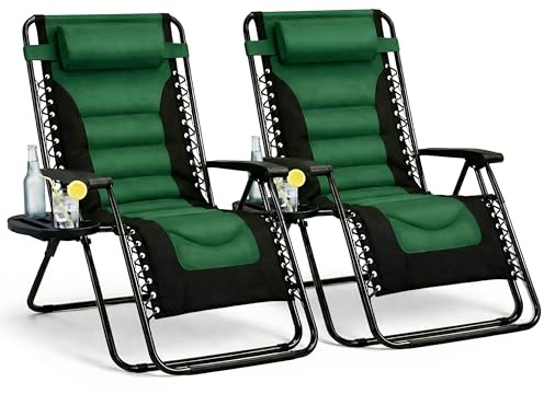 Straame XXL Padded Zero Gravity Chairs Set of 2, Folding Reclining Garden Chairs, Camping Chair Sun Loungers, Lockable 160° Patio Recliners with Adjustable Headrest, Steel Frame, Green