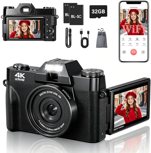 4K Digital Camera with 32GB Card, 75MP WiFi Point & Shoot Vlogging Camera | 180° Flip Screen, Autofocus, 18X Zoom, 2 Batteries, Compact Digital Cameras for Beginner Teens Student Kids (Black)