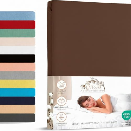 Livessa Spannbettlaken 160 x 200 cm aus Baumwolle Single-Jersey Stoff 140 g/m², Spannbetttuch Bettlaken, Oeko-TEX Zertifiziert, Ultra weich, Schokobraun – Erhältlich in vielen Größen und Farben