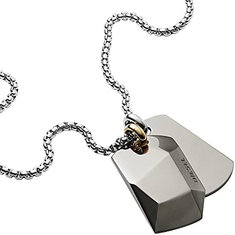 Diesel Halsband Für Männer Doppelte Hundemarken, 60Cm+5Cm Silber Edelstahl Halsband, DX1143040