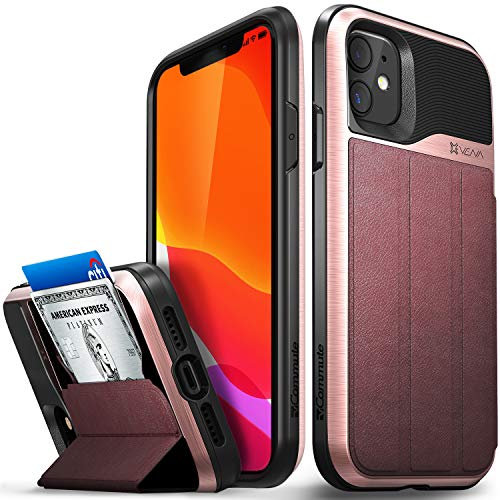 VENA vCommute Wallet Case Compatible with Apple iPhone 11 (6.1-inch 2019), (Military Grade Drop Protection) Flip Leather Cover Card Slot Holder with Kickstand - Rose Gold