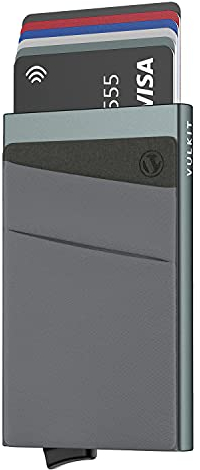 VULKIT Porte Carte de Crédit Aluminium Rigide Pop Up Porte-Cartes avec Poche Billets de Banque RFID Blocage Stocker 5 Cartes et des Espèces, Gris Sidéral