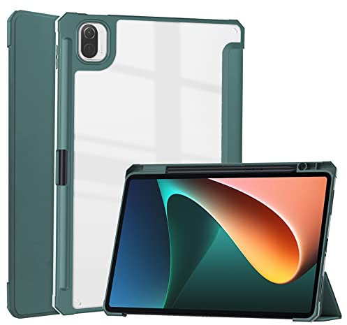 for Xiao-mi-Pad-5/Pro/5G 2021 Tri-fold Stand Case with Pencil Holder, 11'' Clear Acrylic Back Shell Ultra-Thin Lightweight Full-Body Protective Magnetic Flip Smart Cover Auto Sleep/Wake (Dark Green)