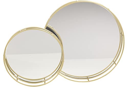 Set of 2 Metal Gold Decorative Mirror Trays Vanity Perfume Decor Candle Holders (Round)