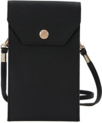 Depesche 10743 TOPModel - Handytasche in Schwarz mit 3 Innenfächern und Sichtfenster für das Handydisplay, kleines Tragetäschchen für das Telefon mit Umhängeschlaufe und goldenem Druckknopfverschluss