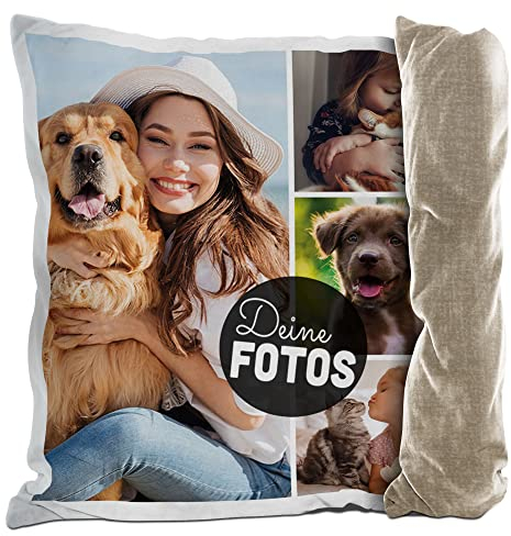 PR Print Royal Kissen mit Fotocollage selbst gestalten - mit 4 Fotos Personalisieren - Geschenk für Familie und Freunde | Rückseite Beige Gemustert, inkl. Kissenfüllung, 40x40cm