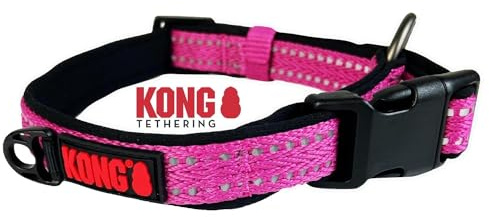 KONG Adjustable Soft Padded Dog Collar with Clasp Buckle - Reflective with Large Ring - Pink - Size L