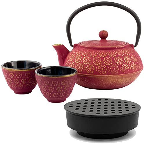 Bredemeijer Gusseisen Tee Set 0.6 Liter Teekanne mit 2 Guss-Tassen (Becher) & Teewärmer & Edelstahl Tee-Filter Sieb-Einsatz - ideal für lose Teesorten