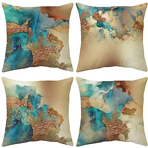 ARNTY Fundas Cojines 45x45, Fundas de Cojines Juego de 4 Modernas Funda Cojin Decorativa Hogar Almohadas Fundas para Sala de Estar Sofá Cama Coche (Tie-Dye Dorado-Terciopelo)