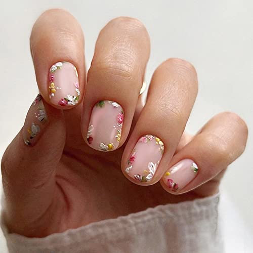 Ceboic 24 Pièces Carrés Faux Ongles Court, Cute Fleurs French Acrylique Press on Nails, Glossy Reutilisable Artificiels Ongles à Presser pour Femmes et Filles, Faux Ongles à Coller Nail Art