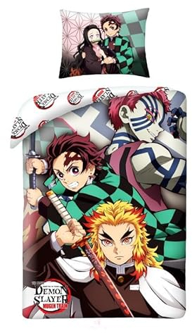 Demon Slayer Bettwäsche, wendbar, Bettbezug 140 x 200 cm + Kissenbezug, 100 % Baumwolle, Tanjirō Kamado und Kyōjurō Rengoku