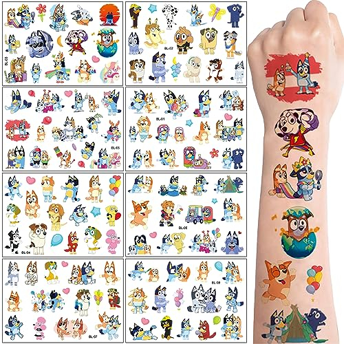 Bluey Tattoo Sticker, 8 Blätter Kinder Temporäre Tattoos, Hautfreundlich Hund Wasserfest Aufkleber für Jungen Mädchen Mitgebsel Kindergeburtstag Geschenk Party