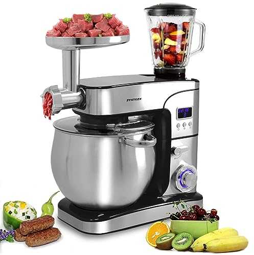 Syntrox Küchenmaschine Schwarz Edelstahl 12 Liter Küchengerät & Fleischwolf, Multi-Funktions-Küchenhelfer, Hochleistungs-Küchenmixer, 2000 Watt