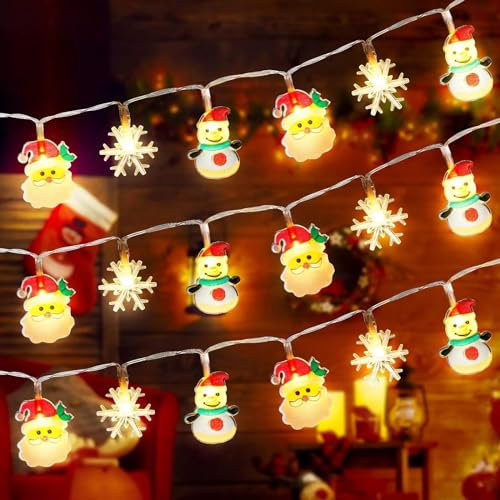Stringa di luci decorative natalizie, Babbo Natale, fiocchi di neve, pupazzi di neve, con telecomando, 2 modalità (3 metri), 20 LED alimentate a batteria, per decorazioni natalizie