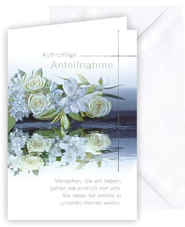 KE - Beileidskarte, Trostkarte, Beileidsbekundung Karte, Trauerkarte, silbern geprägter Text, inkl. Umschlag, DIN B6 Format, weiß, Motiv: Rosen