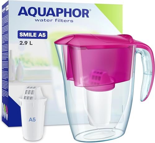 AQUAPHOR Water Filter Jug Smile, Space-saving, Lightweight Fridge door fit 2.9L Capacity 1 X A5 350L Filter Included Reduces Limescale Chlorine & Microplastics, Cyclamen Pink (Pack of 5)
