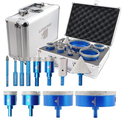 BRSCHNITT Kit de scie-cloche diamant pour perçage de porcelaine, carrelage, céramique, marbre, granit, foret à tige triangulaire (6 + 6/8/10/20/25/35/50/75/100 mm, 20 doigts et 50 chanfreins).
