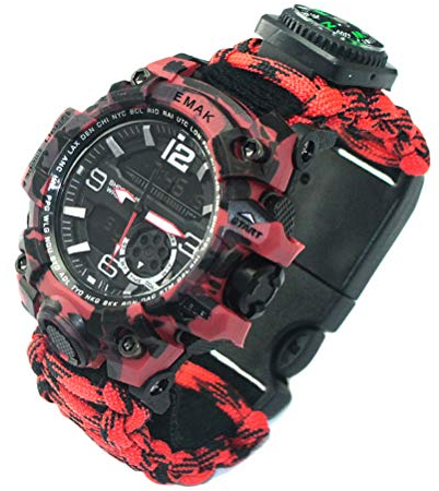 Ghzste Survival-Militär-Digitaluhr, Outdoor-Camping-Überlebensuhr, Multifunktionales Armband, Kompass, Pfeife, Paracord-Armband, Ausrüstung, Werkzeug-Set (rot schwarz)