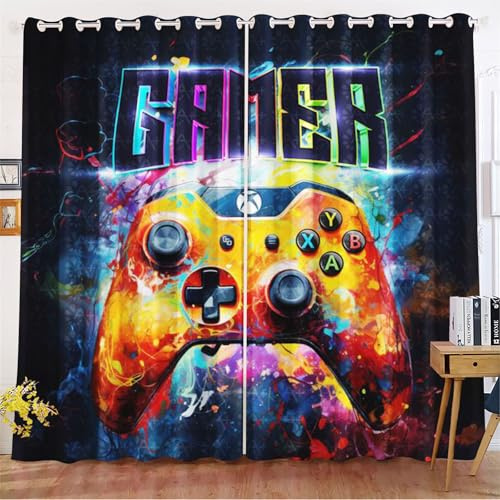 Qiqumax Gamepad Gardinen Verdunkelungsvorhänge Für Kinderzimmer Jungen Games Blickdicht Vorhänge Graffiti-Gamepad Für Gamer Verdunkelungsvorhang (7,100x140cm(BxH)/ 50x140cmx2)
