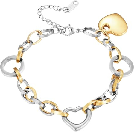 Emibele Herzarmbänder Für Frauen, Edelstahl Rostfrei Gold Silber Armband Mit Herzcharm, Verstellbare Sicherheitsverschluss Silberhandkette,Romantischer Schmuck Valentinstagsgeschenke Für Frauen Männer