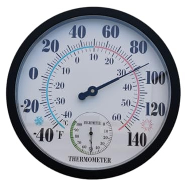 Outdoor Thermometer Hygrometer, 10 Inch Round Black Wall Mount with High Gloss Finish - Large Easy to Read Face, Waterproof for Patio, Garden, Garage, Home - Measures Temperature & Humidity