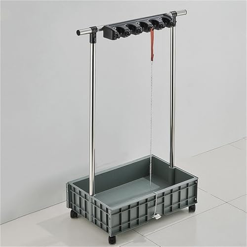 Mobile Mop Rack and Broom Organizer, Metal Storage Shelf with Plastic Tray, Utility Cleaning Tool Cart for Garage, Hotel and School(6 Hooks)