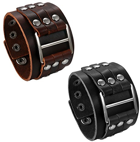 JewelryWe Schmuck 2pcs Herren Armband, Punk Rock Biker Nieten Rivet breit Leder Echtleder Armband Armreif Manschette verstellbaren 6.5-8.5 Zoll, schwarz/braun