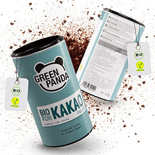 GREEN PANDA® BIO Rohkakao aus Premium Kakaobohnen | Bio Kakaopulver stark entölt und zuckerfrei | Kakao ohne Zucker für Trinkschokolade, Shakes, Desserts, zum Backen oder ins Müsli | 2 x 125g (250g)